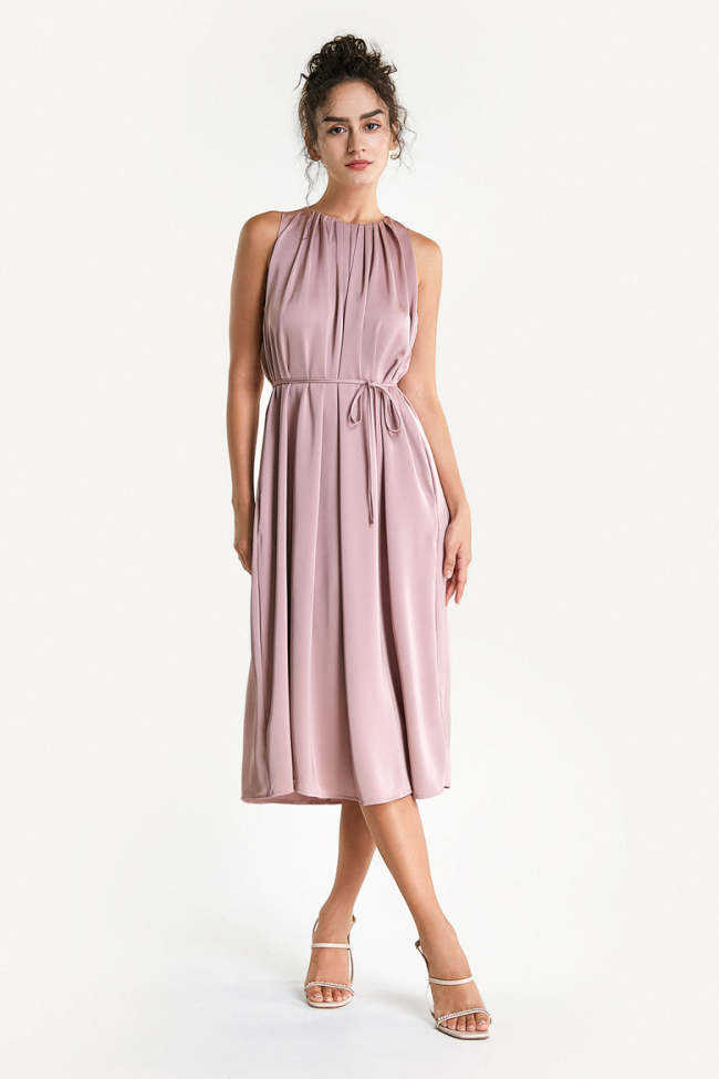 Pink Satin Sleeveless Pleated Midi Dress