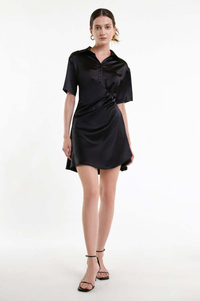 Black Ruched Short Sleeve Shirt Dress