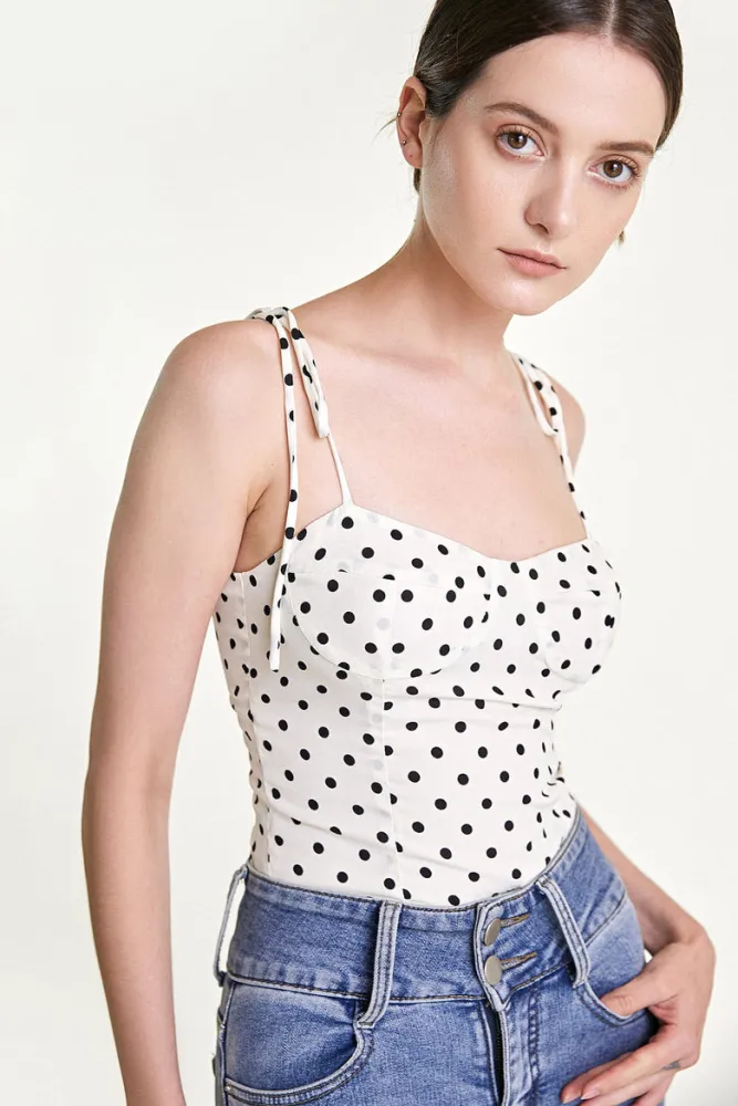 White Polka Dot Tie Strap Bustier Cami Top
