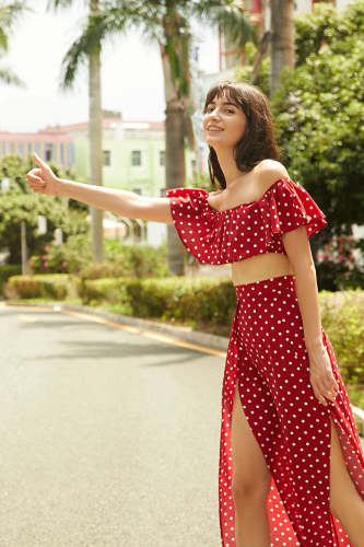 Dark Red Polka Dot Off-the-Shoulder Crop Top & Double Split Maxi Skirt Two-Piece Set