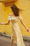 Light Yellow Floral Print Off-the-Shoulder Ruffled Maxi Dress