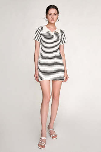 Black Striped Knitted Polo Mini Dress