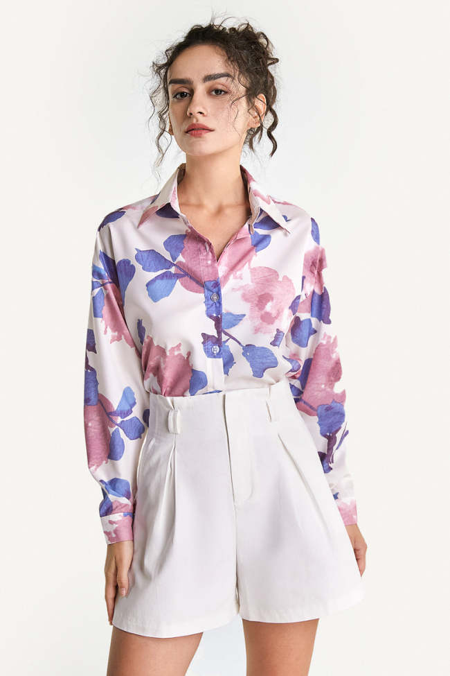 Pink Floral Print Button-Up Oversized Shirt