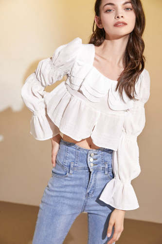 White Ruffle Puff Sleeve Blouse