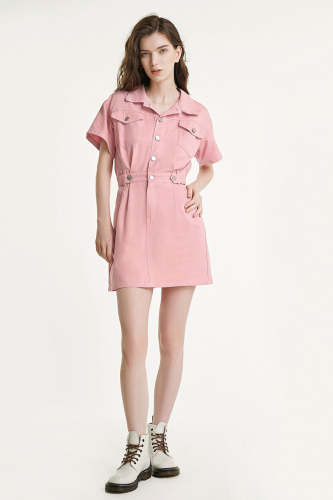 Pink Button Front Pocket Detail A-Line Denim Shirt Dress
