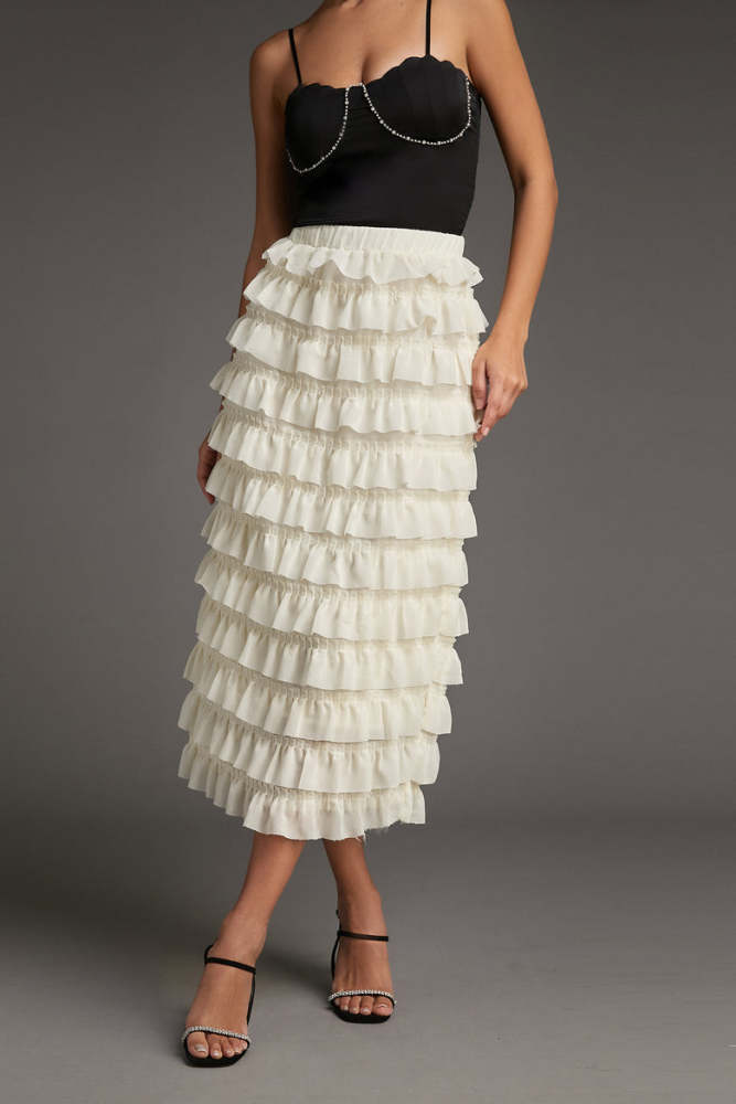 Beige Ruffled Tiered Elastic Waist Skirt