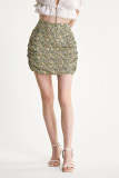 Khaki Floral Print High Rise Ruched Mini Skirt