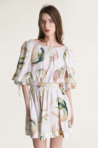 White Floral Print Puff Sleeve Smocked Open Back Mini Dress