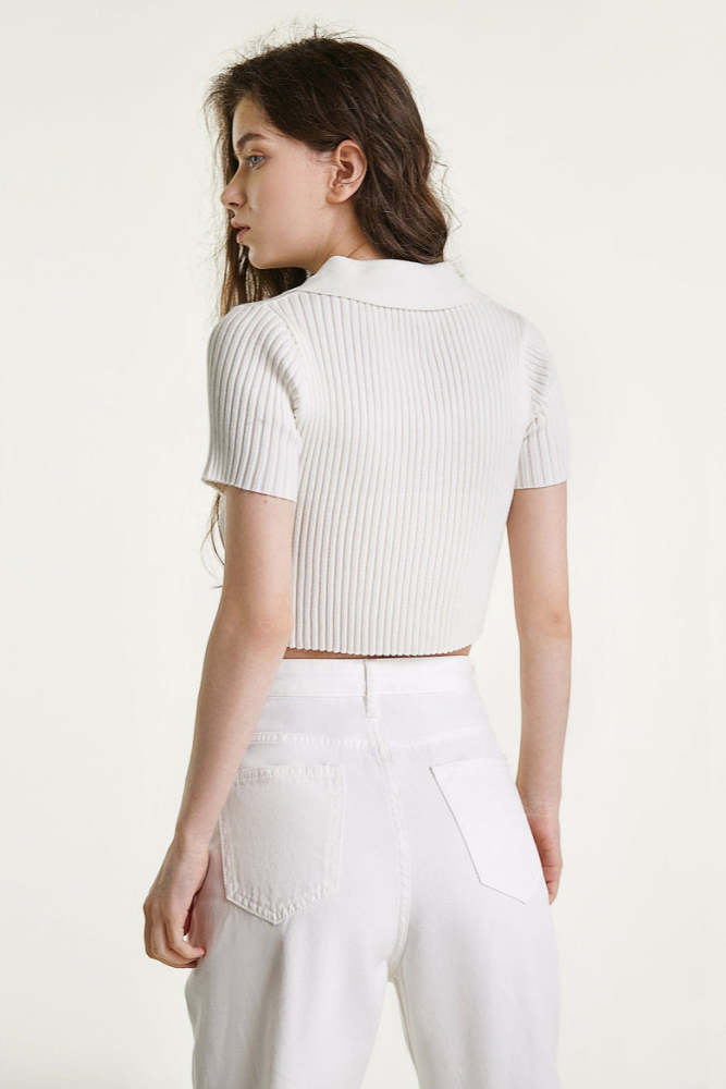 Ivory Rib-Knit Polo Crop Top