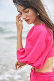 Deep Pink Puff Sleeve Crop Top & High-Waisted Midi Skirt Two-Piece Set