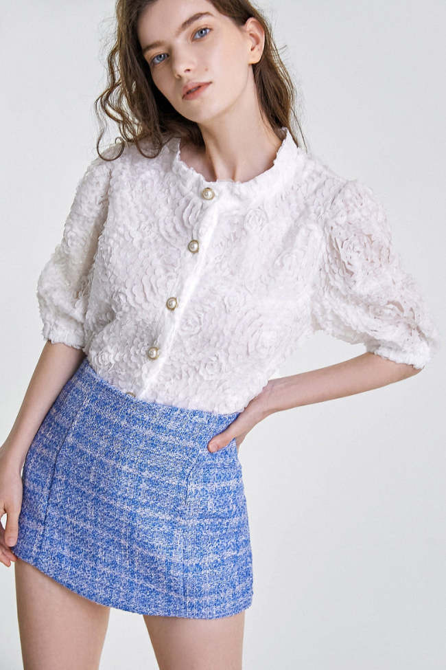White Floral Blouson Button-Up Cropped Blouse