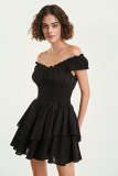 Black Off-the-Shoulder Swiss Dot Smocked Tiered Mini Dress