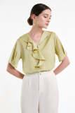 Yellow Green Flounce-Trimmed Short Sleeve Blouse