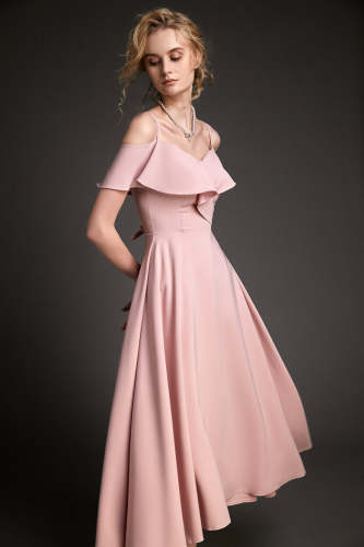 Pink Satin Flounce-Trimmed Off-the-Shoulder Maxi Dress