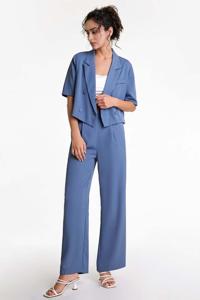 Steel Blue High Rise Wide Leg Suit Pants