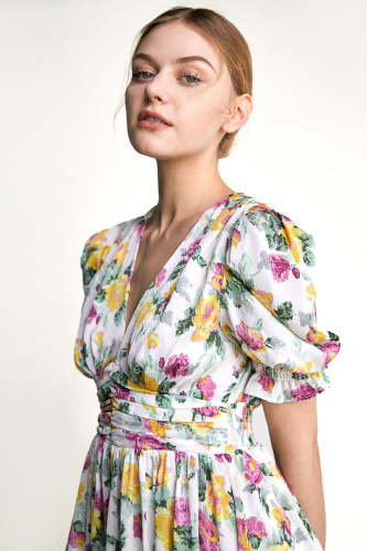 White Floral Print Deep V Pleat Detail Midi Dress