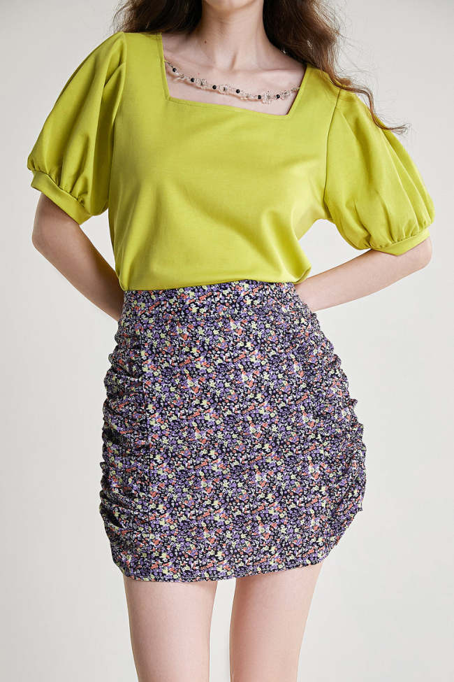 Dark Blue Floral Print High Rise Ruched Mini Skirt