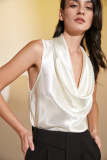 Beige Satin Cowl Neck Sleeveless Blouse