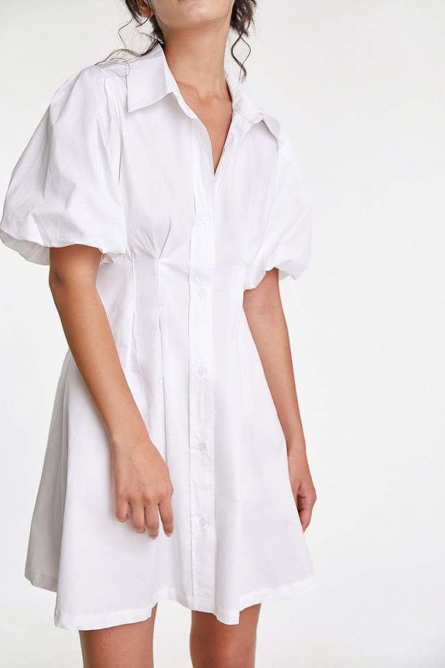 Flash Sale                White Fitted Waist Puff Sleeve Shirt Dress