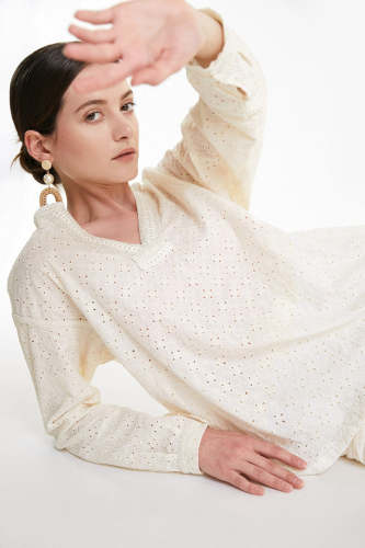 Ivory Embroidered V-Neck Blouse