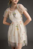 Ivory Floral Embroidery Ruffled Puff Sleeve Tulle Mini Dress