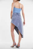 Light Steel Blue Asymmetric Hem Denim Skirt