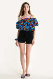 Black Off-the-Shoulder Floral Print Puff Sleeve Blouse With Hair Scrunchie