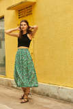 Green Floral Print Elastic Waist Crinkled Midi Skirt