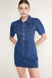 Dark Blue Puff Sleeve Denim Mini Dress Without Belt