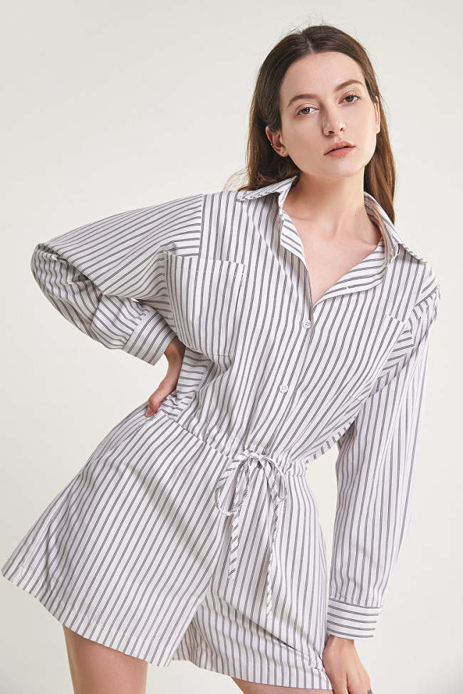 White Striped Drawstring Waist Shirt Romper