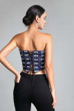 Dark Blue Printed Lace-Up Back Bandeau Denim Crop Top