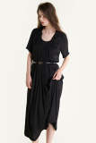 Black Belted Pleated Round Neck Maxi Dress