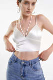 White Satin Halterneck Cropped Cami Top