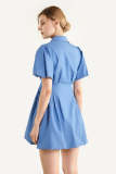Royal Blue Puff Sleeve Pleat Front Fitted Waist Shirt Dress