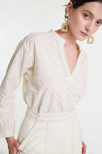 Ivory Embroidered V-Neck Blouse