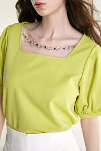Yellow Green Beaded Chain Detail Square Neck Puff Sleeve Blouse