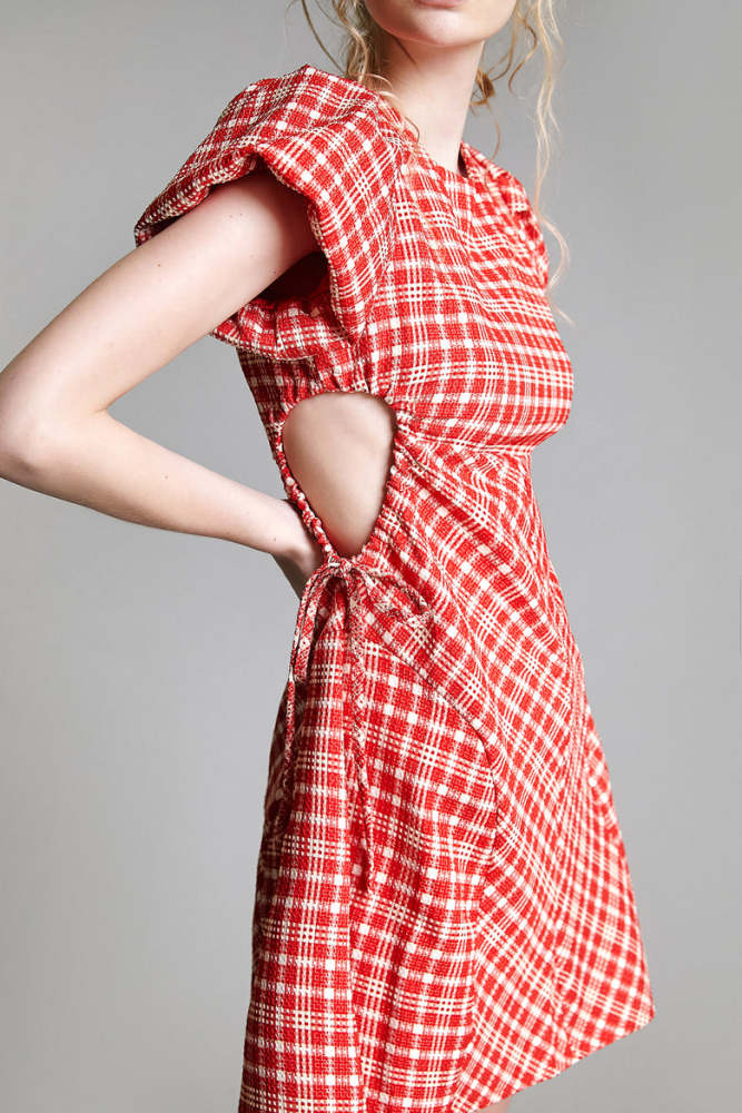 Crimson Checked Cut Out Waist Tie Detail Mini Dress