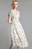 Ivory Floral Print Ruffled V-Neck Midi Dress