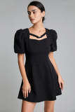 Black Textured Buckle Strap Detail Puff Sleeve Mini Dress