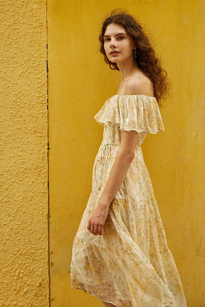 Light Yellow Floral Print Off-the-Shoulder Ruffled Maxi Dress