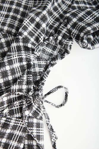 Black Checked Cut Out Waist Tie Detail Mini Dress