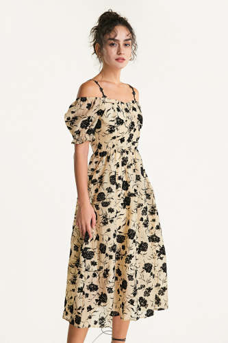 Flash Sale                Beige Off-the-Shoulder Velvet Floral Midi Dress