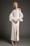 White Lantern Sleeve Cold Shoulder Side Slit Maxi Dress