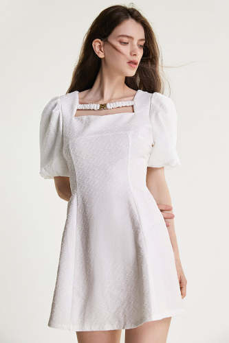 White Textured Buckle Strap Detail Puff Sleeve Mini Dress