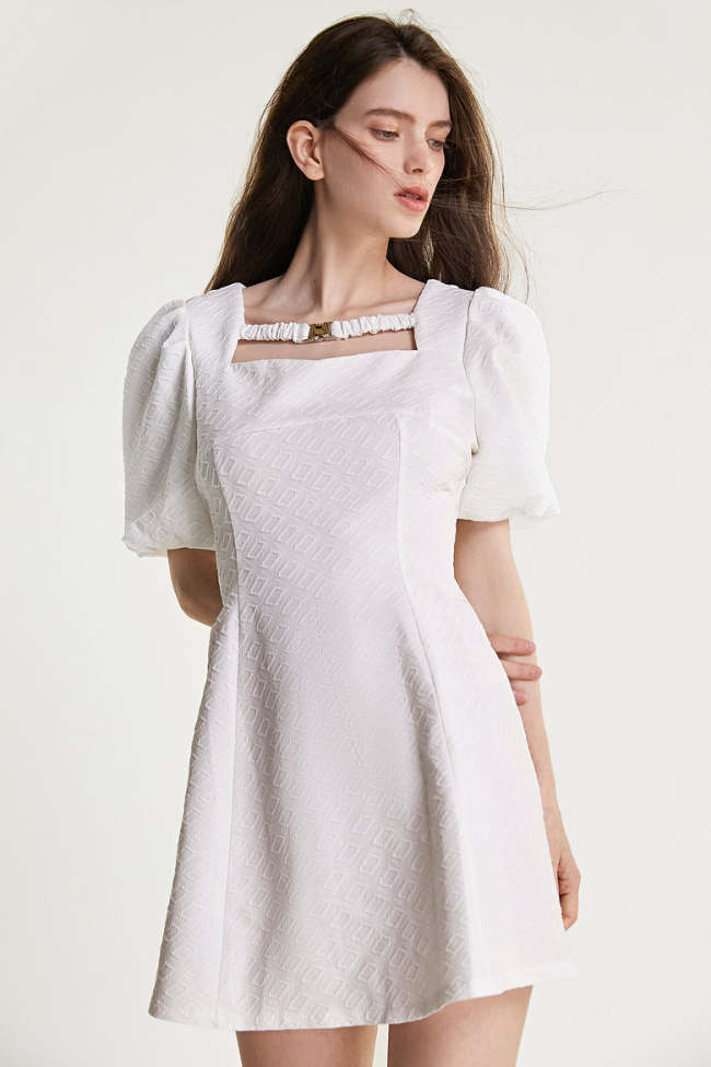 White Textured Buckle Strap Detail Puff Sleeve Mini Dress