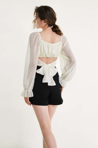 Flash Sale                Ivory Swiss Dot Overlap Hem Cropped Blouse