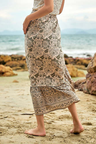 Linen Paisley Print Ruched Drawstring Elastic Waist Midi Skirt
