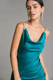 Teal Satin Cowl Neck Button Detail Slip Midi Dress