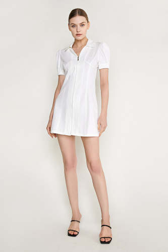White Zip Front Collared Puff Sleeve Denim Mini Dress