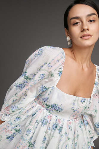 White Floral Print Puff Sleeve Square Neck Babydoll Mini Dress